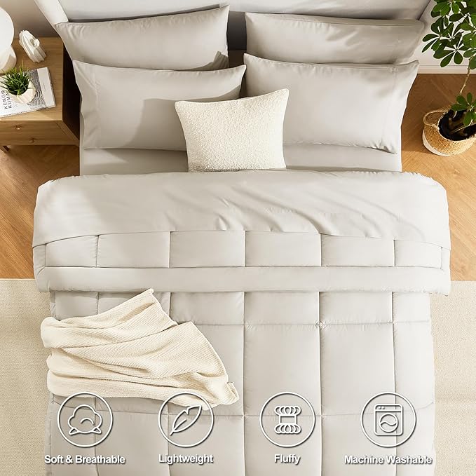 CozyLux Queen Comforter Set Beige, 7 Pieces Bed in a Bag, Beige Comforters Queen Size, All Season Bedding Sets with Stitch Quilted Comforter, Flat Sheet, Fitted Sheet, Pillowcases