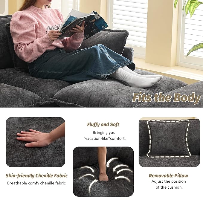 76'' Cloud Deep Seat Loveseat Sofa, Upholstered Chenille Modular 3-Seats Sectional Sofa Couch with Movable Ottoman, Modern Comfy Settee Loveseat for Living Room Set, Small Apartment, Dark Grey