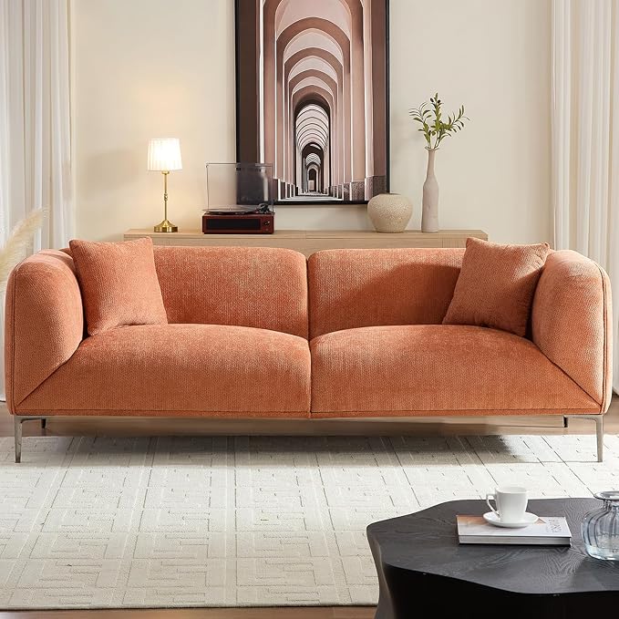 MEETAKING 82.68" Modern Sofa, 3-Seater Deep Seats Tuxedo Couch, Boucle Sofas with 2 Pillows, Minimalist Couches Straight with Metal Legs, High Armrests for Living Room,Bedroom,Home Office(Orange)