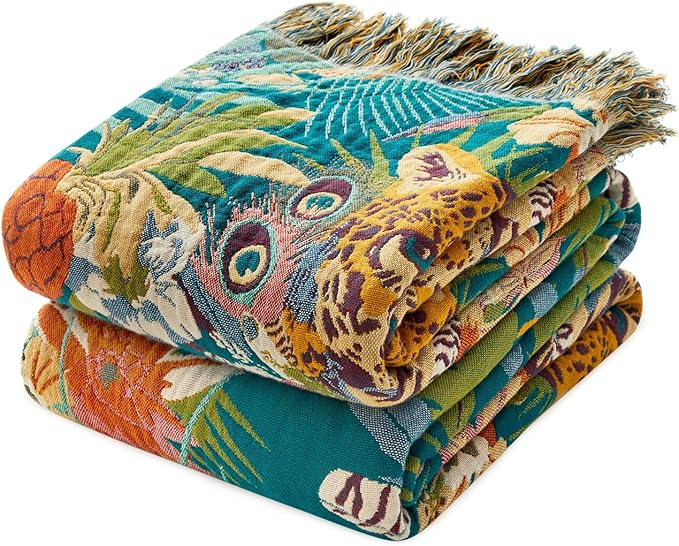 LUTBM Throw Blanket for Couch Sofa Soft Cotton Spring Blankets for Bedroom Living Room All Season Reversible Leopard Embroidery Reversible Breathable Throws Whimsical Home Decor 50"x60"