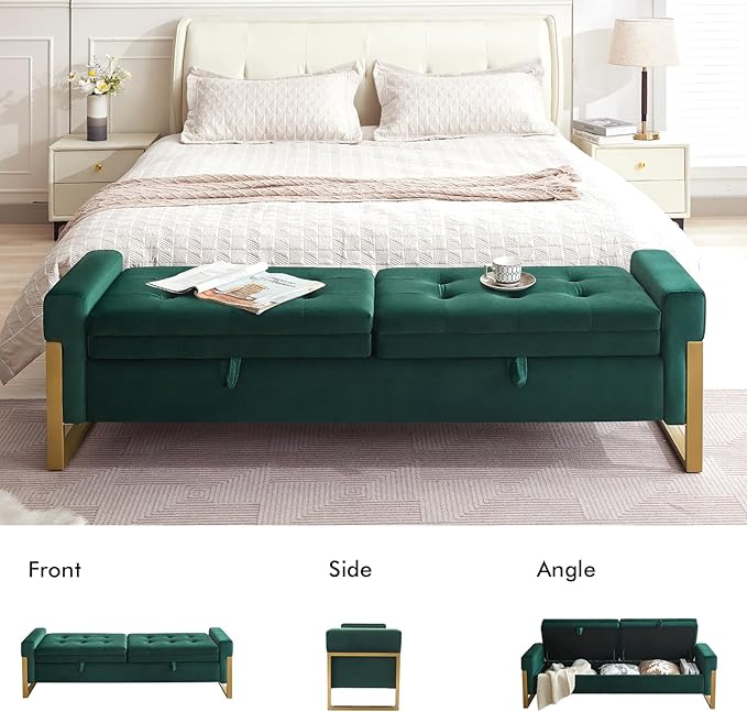 67" Storage Bench for Bedroom King Size, Velvet Upholstered End of Bed Storage Bench with Gold Legs, Double Lids Tufted Storage Ottoman Bench for Living Room,Entryway, Green