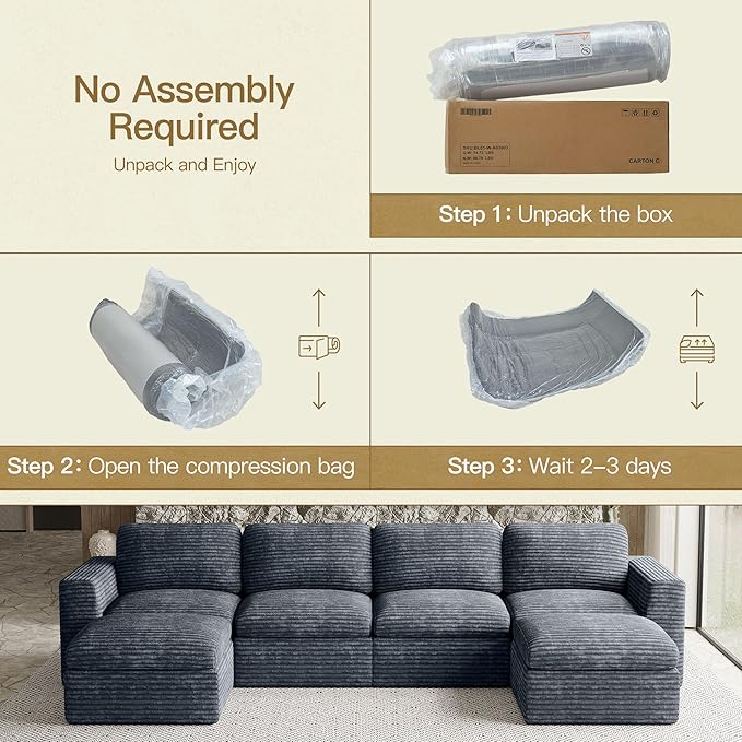 Belffin Boneless Cloud Modular Sectional Sofa with Deep Seat Plush Corduroy U Shaped Cloud Sectional Couches for Living Room No Assembly Required. Grey Couch