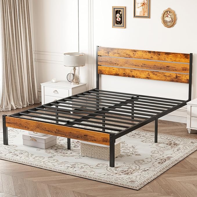 Sweetcrispy Queen Size Bed Frame with Headboard, 800LBS Mattress Foundation with All Sturdy Metal Support, Under Bed Storage, No Box Spring Needed, Easy Assembly, Rust Brown