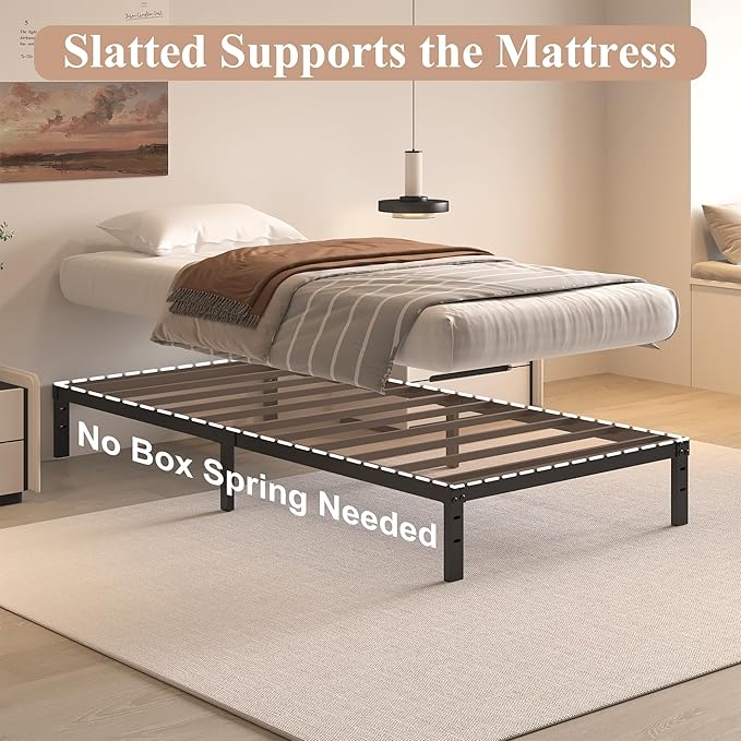 HOBINCHE 10 Inch Twin Size Bed Frame - No Box Spring Needed Heavy Duty Metal Platform Mattress Foundation with Steel Slats, Non-Slip Noise Free Easy Assembly Black Bedframes