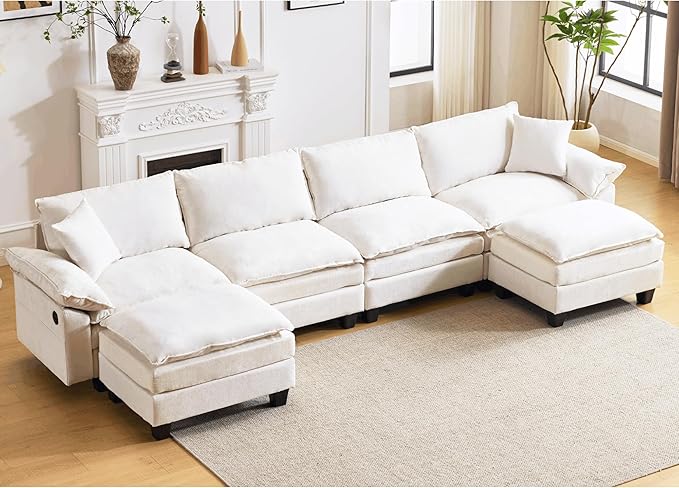 138" Modular Sectional Couch, U Shaped Comfy Cloud Couch with Ottoman and Throw Pillows, Modern Chenille Sofa Sleeper Deep Seat Sofa Couched for Living Room,Apartment(Beige)