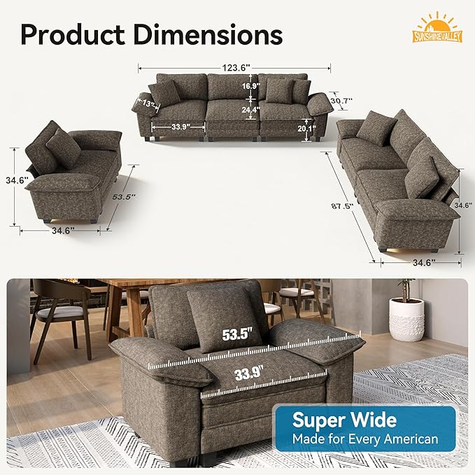 3 Piece Living Room Sofa Furniture Set, Chenille Modular Loveseat, Cloud Chair, and 3-Seat Couch with Pillow, Oversized 6-Seat Modern Sectional Deep Sofa for Apartment, Smoky Grey