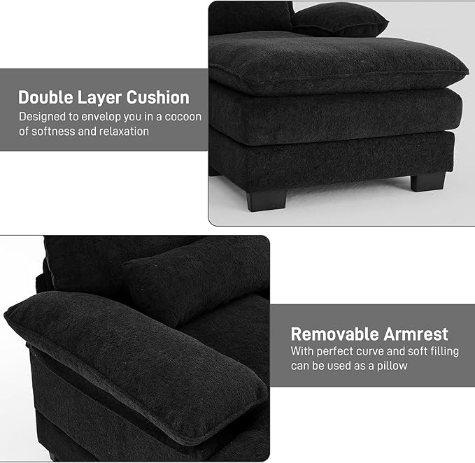113" Cloud Couch Sectional Modular Sofa U Shaped Sectional Couches for Living Room Comfy 5-Seater Deep Seat Couch Chenille Cloud Sectional Sofa with Movable Ottoman & 4 Pillows, Black