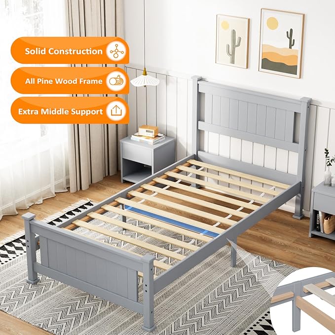 VINGLI Twin Bed Frame Solid Wood Platform Single Bed with Headboard, No Box Spring Needed Panel Bed, Wood Slat Support Mattress Foundation, Gray