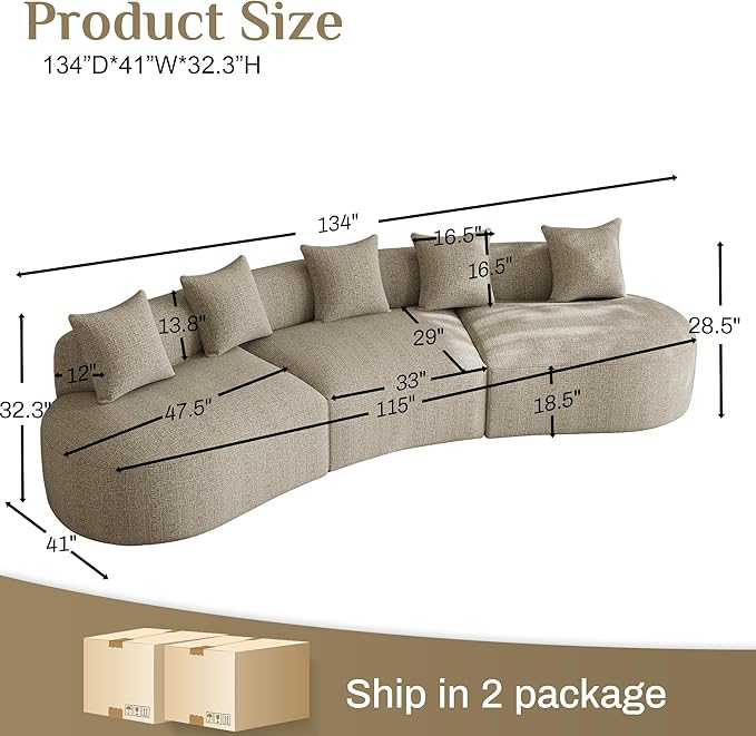 134" Curved Modular Sectional Sofa for Living Room, Modern Chenille Oversized Cloud Couch, Plush Luxury 6-Seater Extra Deep Seat Boucle Boneless Sofa, No Assembly Required, Light Brown