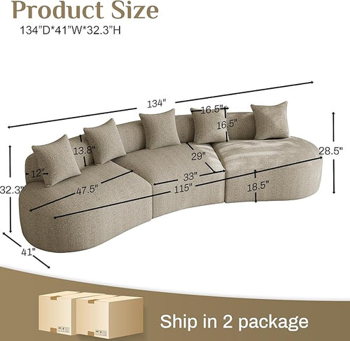 134" Curved Modular Sectional Sofa for Living Room, Modern Chenille Oversized Cloud Couch, Plush Luxury 6-Seater Extra Deep Seat Boucle Boneless Sofa, No Assembly Required, Light Brown