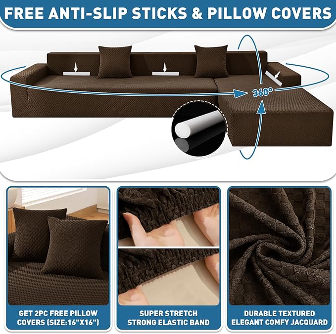 ZNSAYOTX Sectional Couch Covers, Stretch Jacquard Slipcovers with Elastic Bottom for L-Shape Sectional Sofa, 2 Pcs Pet Friendly Modular Sofa Protector (3 Seat Couch + 2 Seat Chaise, Dark Coffee)