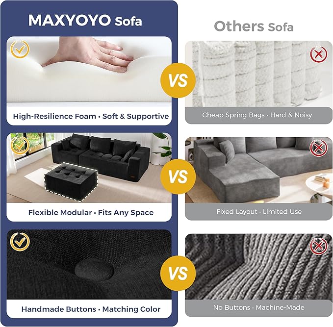 MAXYOYO Modular Sectional Sofa Couch, L Shaped Modern Cloud Couch with 1 Ottoman, Sofa in A Box, Tufted 4-Seat Boneless Sleeper Chair for Living Room, No Assembly Required, Black