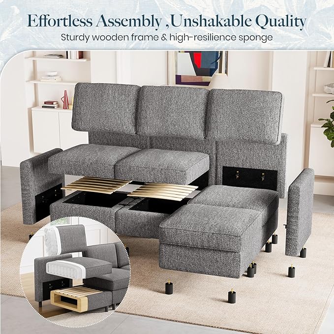 Belffin 84.3" 5 Seats U Shaped Couch Modular Sectional Sofa Washable Sectional Couches for Living Room Comfy Couches with Storage Seat Couch Sofas with Chaise,Grey