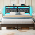 Seventable Bed Frame King Size with Charging Station, LED Bed with Upholstered Storage Headboard, Metal Platform Bed with Under Bed Storage, No Box Spring Needed, Noise Free, Easy Assembly, Grey