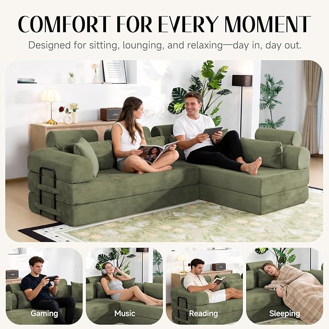 106" L-Shaped Modular Boneless Couch, 2-Piece System (2×70.87"), Convertible Sectional to 141.7" Straight Sofa, Corduroy Couch in a Box, Headrest & Back Pillows for Living Room, Olive Green