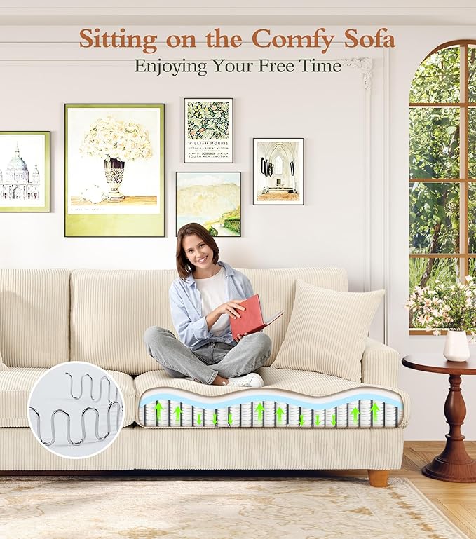 Kidirect 87in L Shaped Couch, Modular Sofa No Tool Assembly, Comfy Sectional Couches for Living Room 21in Deeper Seats, Corduroy Sofas for Living Room with 2 Pillows, Loveseat Sofa Set, Beige Couch | Comfy Corduroy, Oversized 87in Couch, 850LB Tough, T...