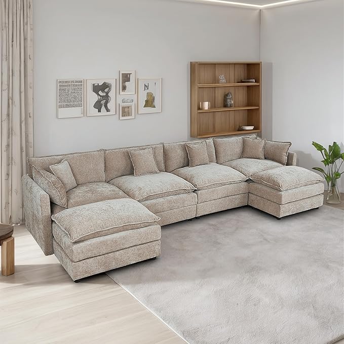 Setawix Deep 4 Seater Couch with Ottomans,147.22" U-Shaped Cloud Couches for Living Room,Chenille Cloud Sofa Couch with Foorest,Modular Sectional U Shape 4 Seat Sofa for Bedroom (Coffee, 4+2)