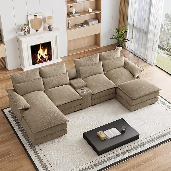 135" U Shaped Cloud Couch Sectional Modular Sectional Couches for Living Room Oversized Comfy Chenille Sofa Cloud Couch Set with Storage Central Console, USB Ports, Chaise Lounge, Ottoman, Brown