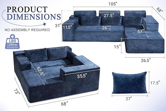 HABUTWAY 105" L-Shape Modular Sectional Sofa Couch for Living Room,No Assembly Required,Modular Comfy Sofa with Deep Seat for Living Room Bedroom,Luxury Distressed Velvet(Right,Blue)