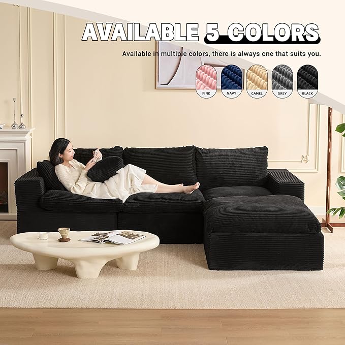 106.3” Sectional Couches for Living Room, Set of Cloud Couch, Modular Sectional Sofa, Convertible Sofas Bed, Deep Seat Sofa, L Shaped Cozy Sofa Furniture Set, Corduroy, Black