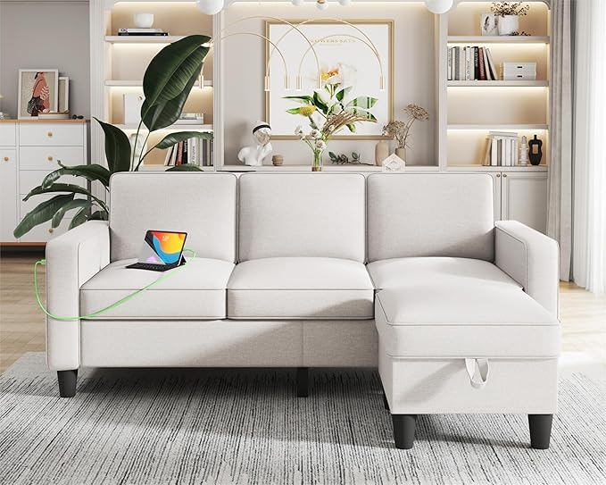 Sectional Couches for Living Room - Convertible 3 Seater L Shaped Couch with Storage Ottoman USB Charging Port - Beige Modern Linen Fabric Sofas Furniture Set for Apartment Loft Studio Small Space | USB Charging Port