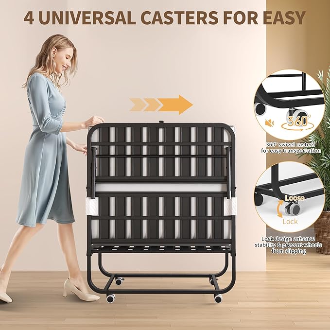 AQY Folding Bed with Mattress for Adults,75" x 38" Portable Rollaway Bed Guest on Wheels with Memory Mattress and Heavy Duty Sturdy Metal Frame,Foldable Bed for Adults and Guest, Twin Size,Cot Size
