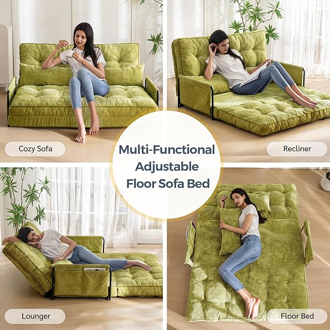MAXYOYO Adjustable Floor Sofa Couch with 2 Pillows, Multi-Functional Bean Bag Bed, 5-Position Foldable Lazy Sofa Sleeper Bed with Armrest, Versatile Floor Seating for Reading, Green, Double