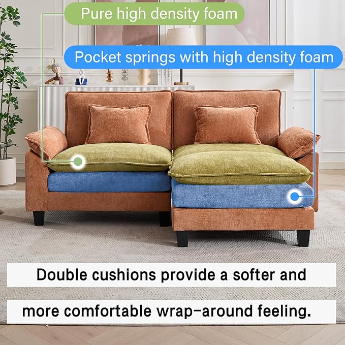 86" Modular Sectional Sofa, Comfy Cloud Couch Sectional Sofa with Ottoman, Chenille Sofa Sleeper Deep Seat Sofa with Throw Pillows for Living Room (Orange, 86"- L Shape)