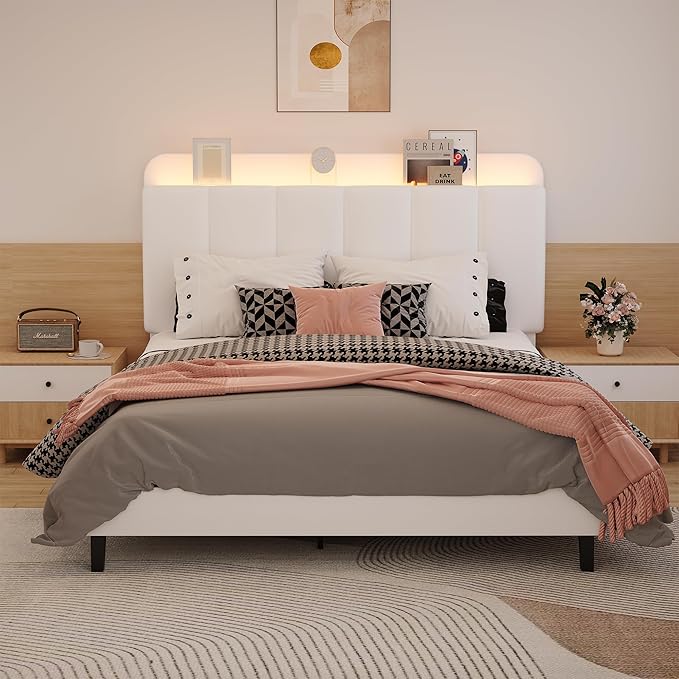 BarnFurin Full Size Bed Frame with Upholstered Headboard and LED Lights, Platform Bed Frame Full with Storage, Noise-Free, No Box Spring Needed, Easy Assembly, White
