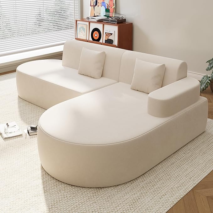 MELLCOM Modern Curved Boneless Sofa Couch, L-Shaped Corner Sofa, No Assembly Needed, Chenille Upholstered Cloud Sectional Couch for Living Room,Apartment and Bedroom (Beige, Right Hand Facing)