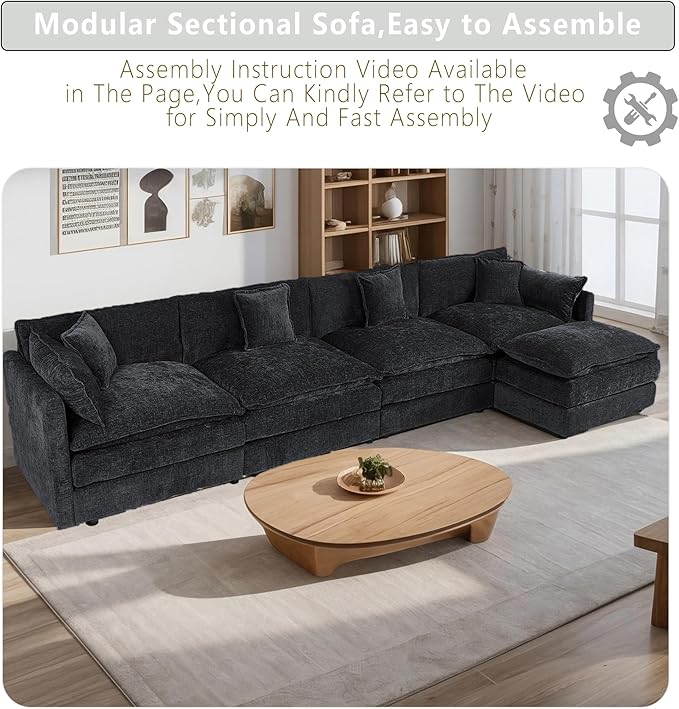 Setawix Deep 4 Seater Couch with Ottoman,147.22" L-Shaped Cloud Couches for Living Room,Chenille Cloud Sofa Couch with Deep Seat,Modular Sectional L Shape 4 Seat Sofa for Bedroom (Black, 4+1)