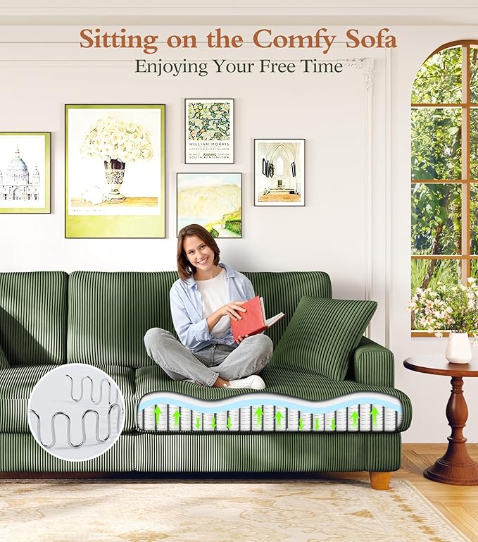 Kidirect 87in L Shaped Couch, Modular Sofa No Tool Assembly, Comfy Sectional Couches for Living Room 21in Deeper Seats, Corduroy Sofas for Living Room with 2 Pillows, Loveseat Sofa Set, Green Couch | Comfy Corduroy, Oversized 87in Couch, 850LB Tough, T...