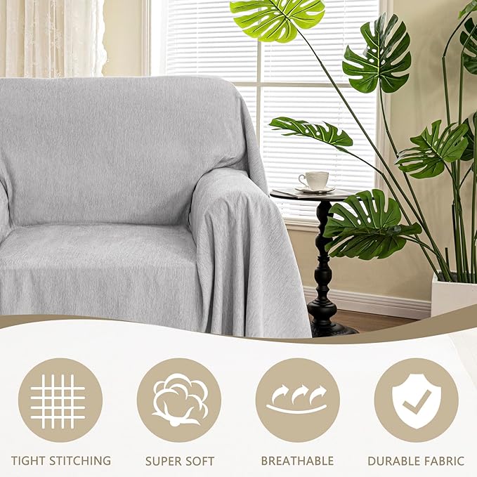 MYSKY HOME Oversized Armchair Cover for 1 Cushion, Washable Sofa Protector, Chenille Couch Covers with Tassel, Sofa Throw, Pet & Kid Friendly, 71"X91", Light Grey