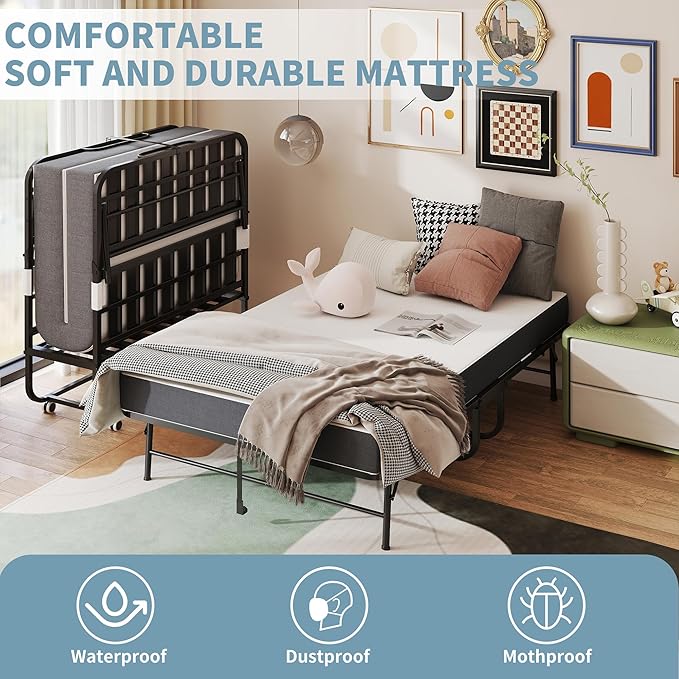 Folding Bed, 74.4"x46" Portable Beds for Adults, Heavy Duty Sturdy Metal Frame, Foldable Bed on Wheels for Twin Size, Space Saving Rollaway Bed for Guest Easy Storage