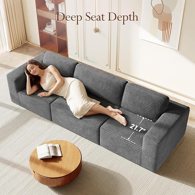 Vesgantti 119" Modular Sectional Sofa, Corduroy Cloud Couch with Deep Seating & Spring Support, 3 Seater Flexible Layout Sofa, Boneless Couch for Living Room & Apartment, No Assembly Required, Grey