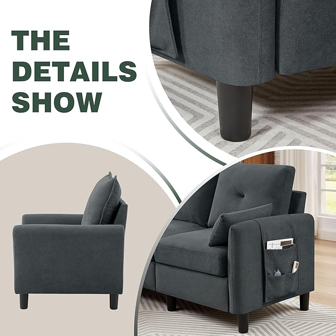 Convertible Sectional Sofa, 77" Small L Shaped 3 Seat Couch with Reversible Storage Chaise, and Accent Chair Set Modern Polyester Fabric Sofa Couches for Living Room, Apartment, Dark Grey