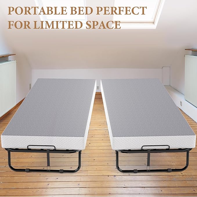 Decofy Folding Bed with Memory Foam Mattress, Portable Rollaway Guest Beds on Wheels, 75"x31" Twin Size Space-Saving Cot-Size Bed for Adults with Easy Assembly Metal Frame (Grey)