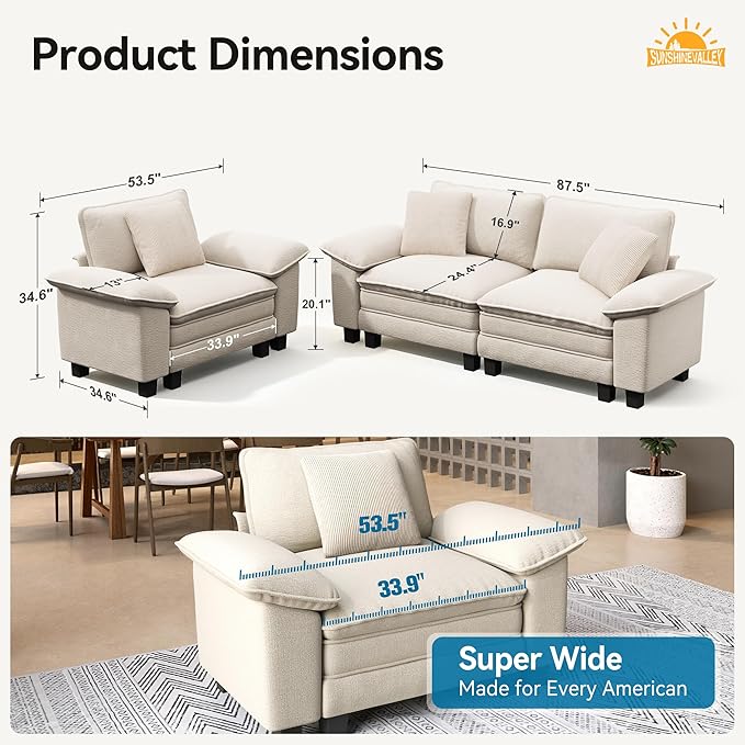 87.5'' Oversized Loveseat Couch and Chair Set, 3-Seat Chenille Modern Modular Cloud Sofa with Pillow, 2 Piece Living Room Deep Sectional Sofa Furniture Set for Apartment, Beige