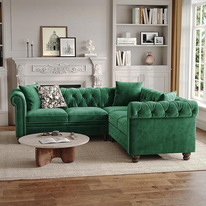 ONBRILL Velvet Chesterfield Sofa, L Shaped Sectional Sofa with Tufted Back & Rolled Arms, 3 Throw Pillows, Small Corner Sectional Couch for Living Room, Apartment, Green | Velvet Fabric