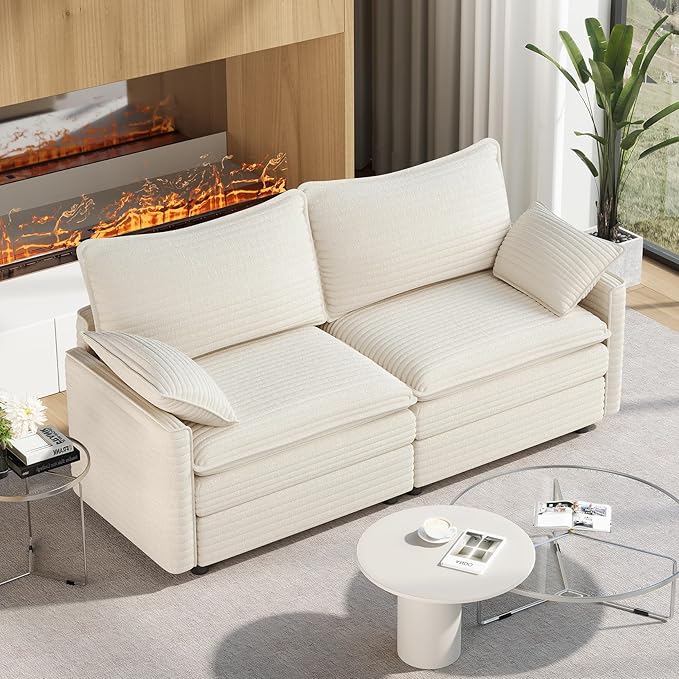 Vesgantti 74" Loveseat Sofa for Living Room, Comfy Cloud Couch Deep Seat Corduroy Modern 2 Seater Small Sofa with Armrest Pillow, Easy Assembly for Small Spaces, Beige