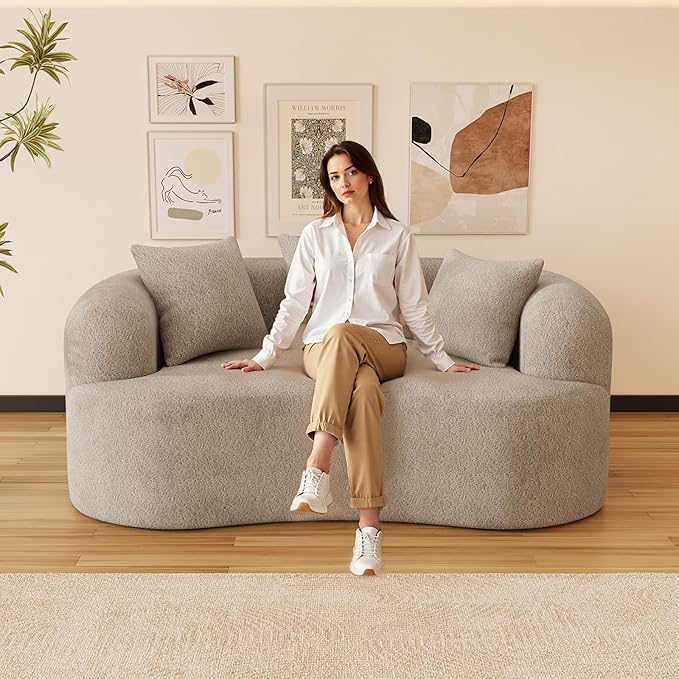 69" Curved Loveseat Sofa for Living Room, Modern Chenille Love Seat Cloud Couch, Luxury Plush Extra Deep Oversized Sofa for Small Spaces, Bedroom, Apartment‌, No Assembly Required, Light Brown