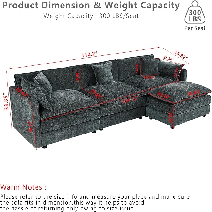 Setawix Deep 3 Seater Couch with Ottoman,112.2" L-Shaped Cloud Couches for Living Room,Chenille Cloud Sofa Couch with Deep Seat,Modular Sectional L Shape 3 Seat Sofa for Bedroom. (Grey, 3+1)