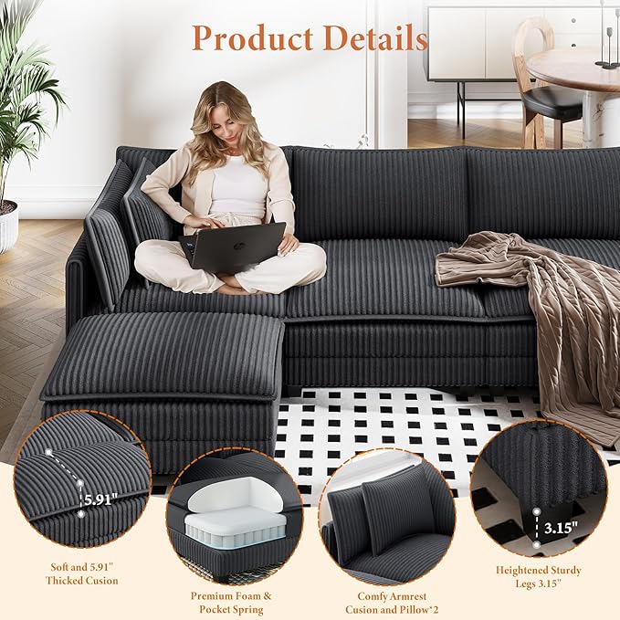 Vesgantti 143" L Shaped Modular Sectional Couch, Comfy Corduroy Upholstered Cloud Couches for Living Room, Modern 3 Seater Sofa with Movable Ottoman & Throw Pillows, Dark Grey