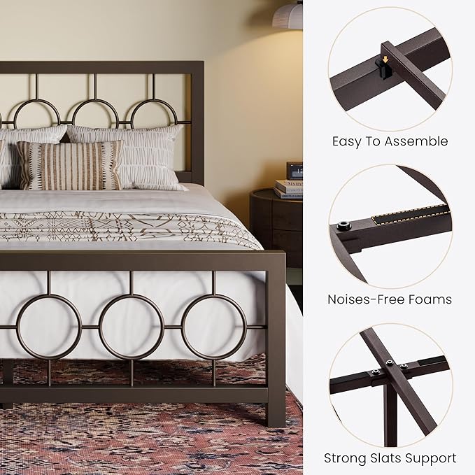 SHA CERLIN King Size Metal Bed Frame with Vintage Circular Design Headboard and Footboard,No Box Spring Required, Easy Assembly,Noise-Free,Brown