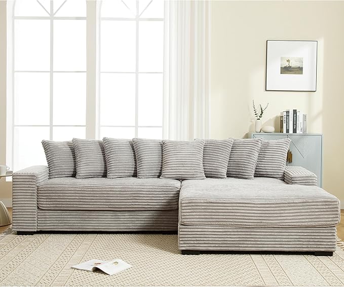 111 Inch Corduroy Sectional Couches for Living Room | L-Shaped Sectional Couch with 8 Pillows | Cloud Couch with Deep Seat | Solid Wood Frame Sofa Light Grey (Right Facing Chaise)