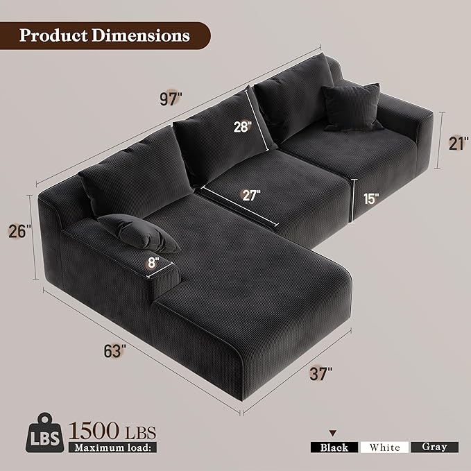 97”Modular Sectional Sofa, Cloud Sectional Couch with Deep Seat, Modern Modular L-Shape Sofa Couch, Upholstered Boneless Couches for Living Room Bedroom (Black Check, Left Facing Chaise)