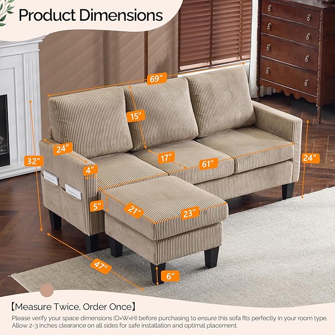 VINGLI 68.5' L Shaped Couch with Movable Storage Ottoman, Convertible Sectional Sofa in Soft Corduroy Fabric, Modern Reversible Chaise Couch for Small Spaces, Apartment, Living Room，Khaki