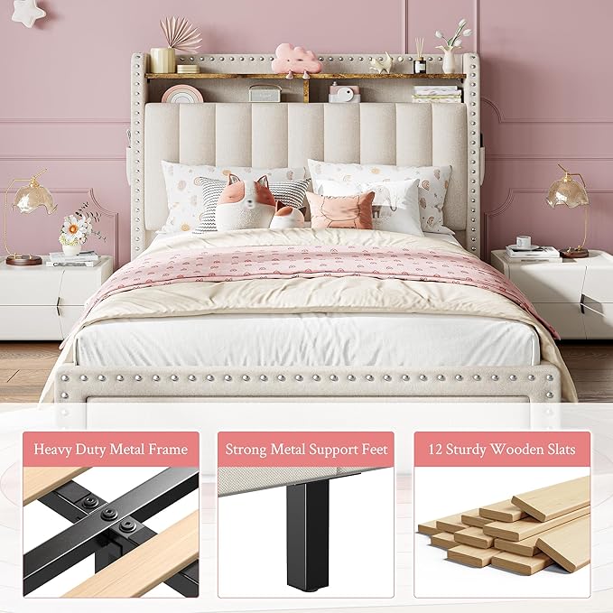 EnHomee Twin Bed Frames, Upholstered Twin Bed with Storage Drawer and 2-Tier Headboard, Vertical Tufted Headboard Design, Extra Storage Space for Bedroom Apartment, Beige