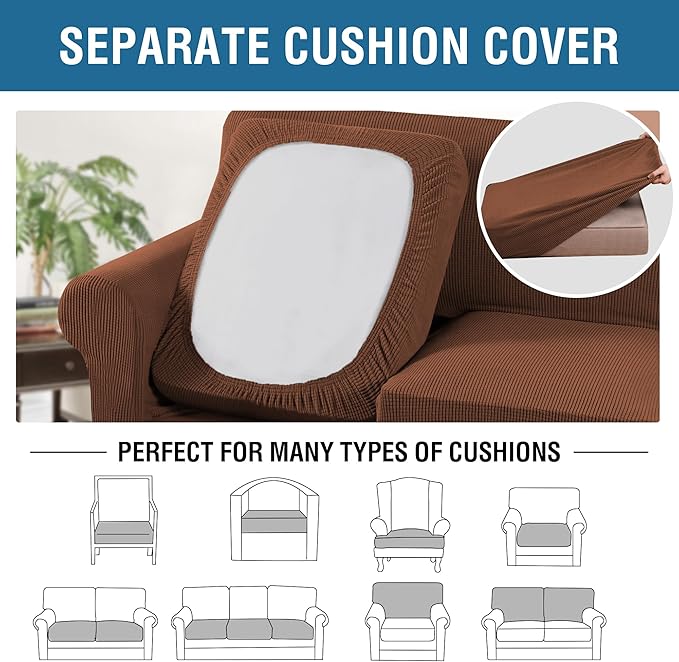H.VERSAILTEX 3 Piece Stretch Sofa Covers for 2 Cushion Loveseat Couch Covers for Living Room Furniture Cover (Base Cover Plus 2 Seat Cushion Covers) Thicker Jacquard Fabric(Medium Sofa, Caramel)