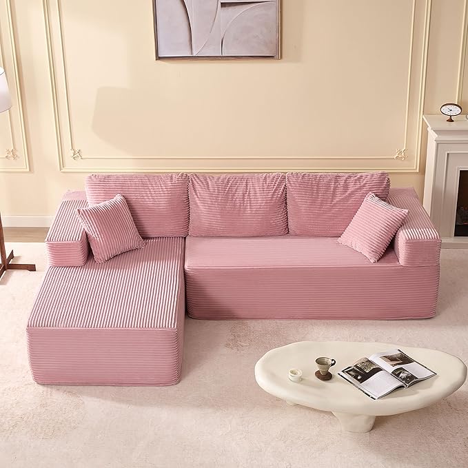 107" Boneless Couch with Deep Seat, Set of Modular Sectional Sofa, Cloud Sectional Couch for Living Room, No Assembly Required, Corduroy, L-Shape Left, Pink